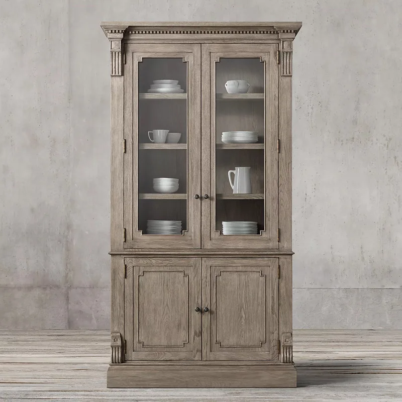 American solid wood bookcase, living room glass door display cabinet, retro double door wine cabinet