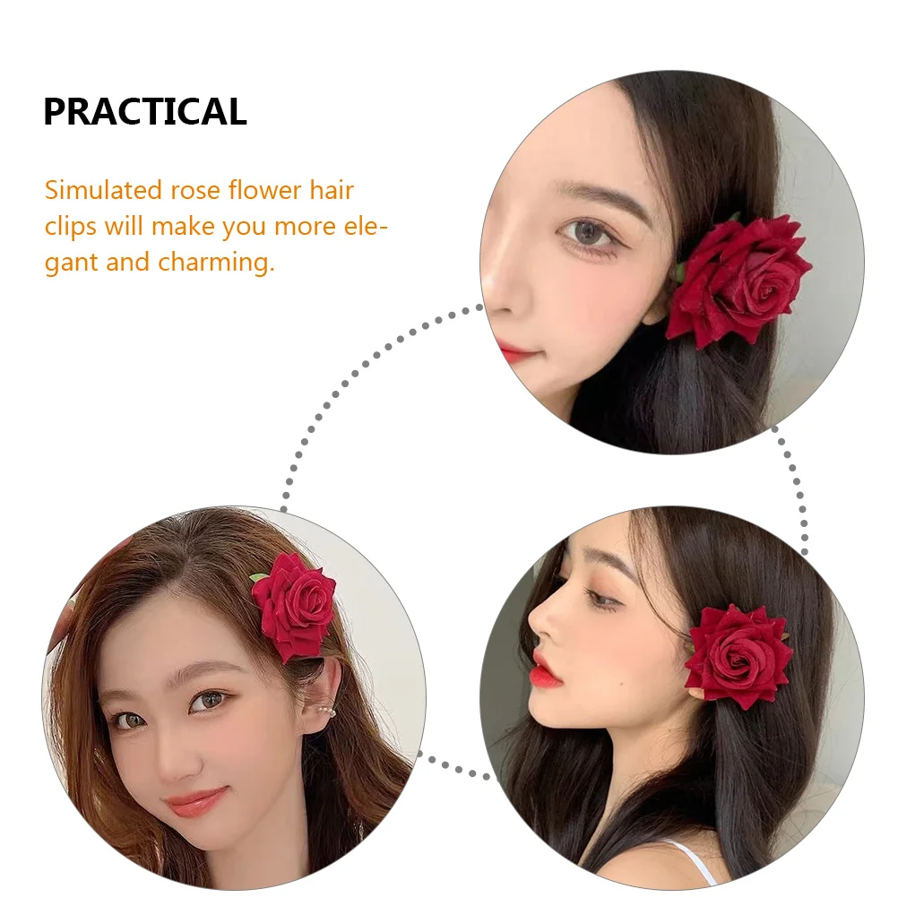 

3 Pcs Hairpin Clips Red Flowers Wedding Bride Hair Accessories Simulated Elegant Comfortable Travel Photo