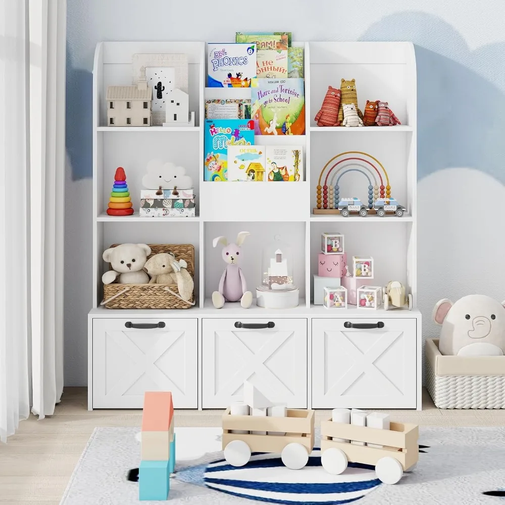 

Children's Book Storage Rack, 3-Layer Kids Bookcase with 7 Storage Cabinets, 3 Removable Drawers Toy Cabinet, Book Display Rack