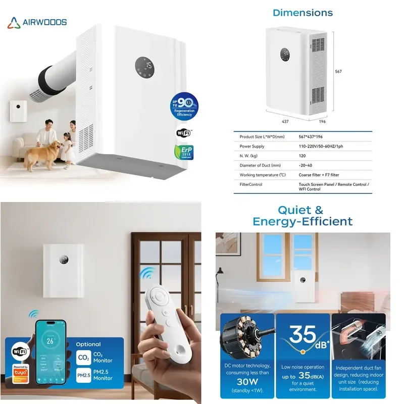 New Upgrade 110-220v Automatic Bypass Function air Recuperator Erv PM2.5 Sensor Options Home Energy Recovery Ventilation