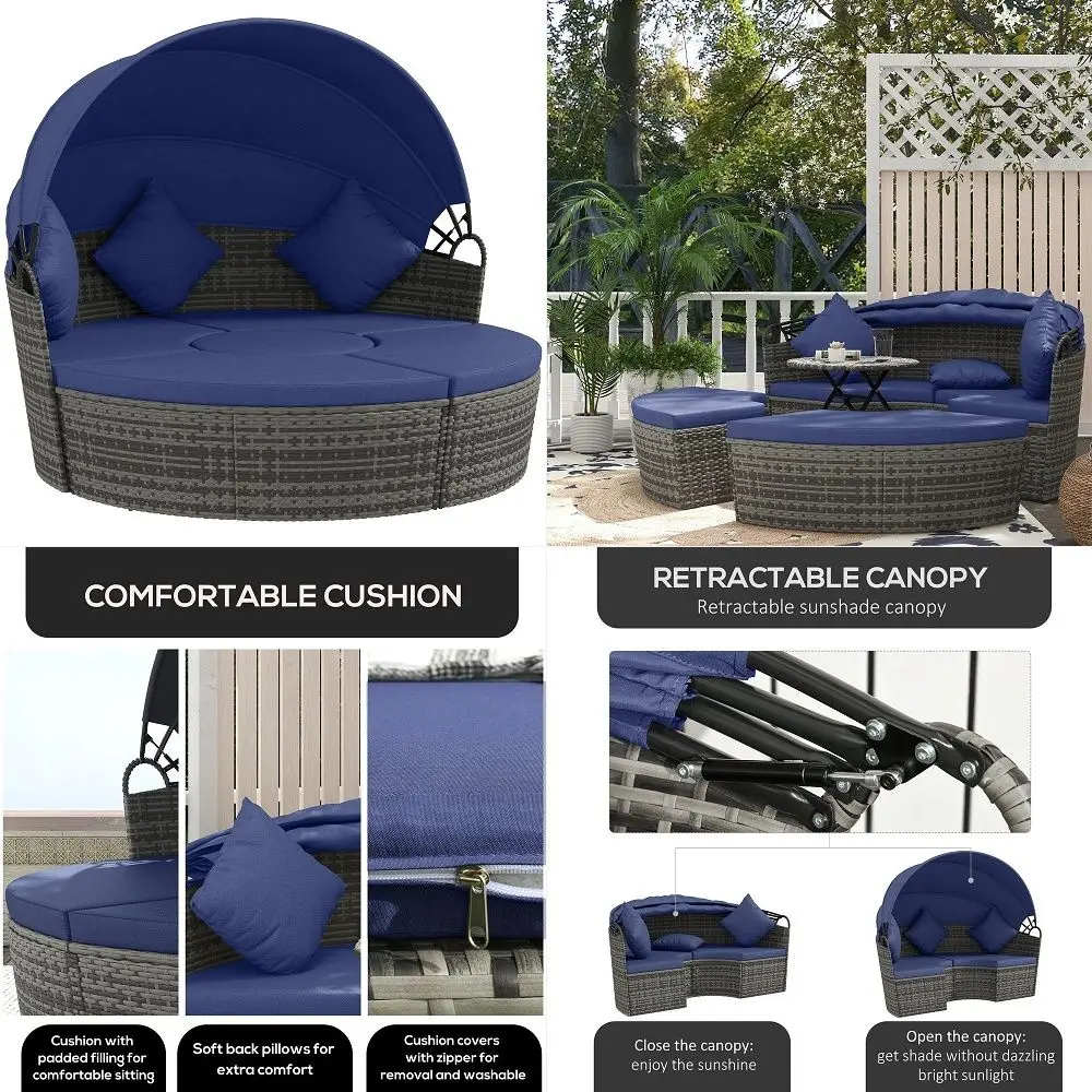 4 Piece Round Rattan Daybed, Convertible Patio Furniture Set, Adjustable Sun Canopy, Sectional Outdoor Sofa, 2 Chairs, Extendin
