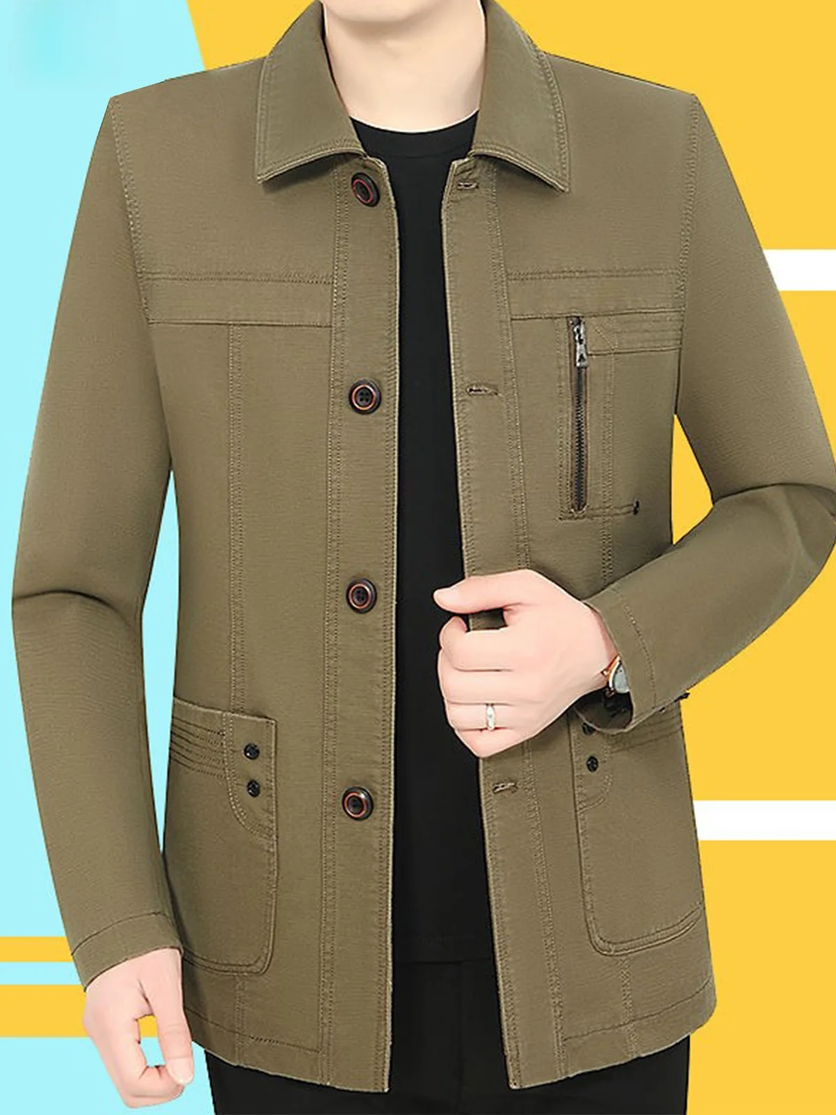 

Men's Casual Cotton Jaet Spring Autumn Pure Cotton Middle-Aged And ly Sle Travel Windproof Long Sve Coat