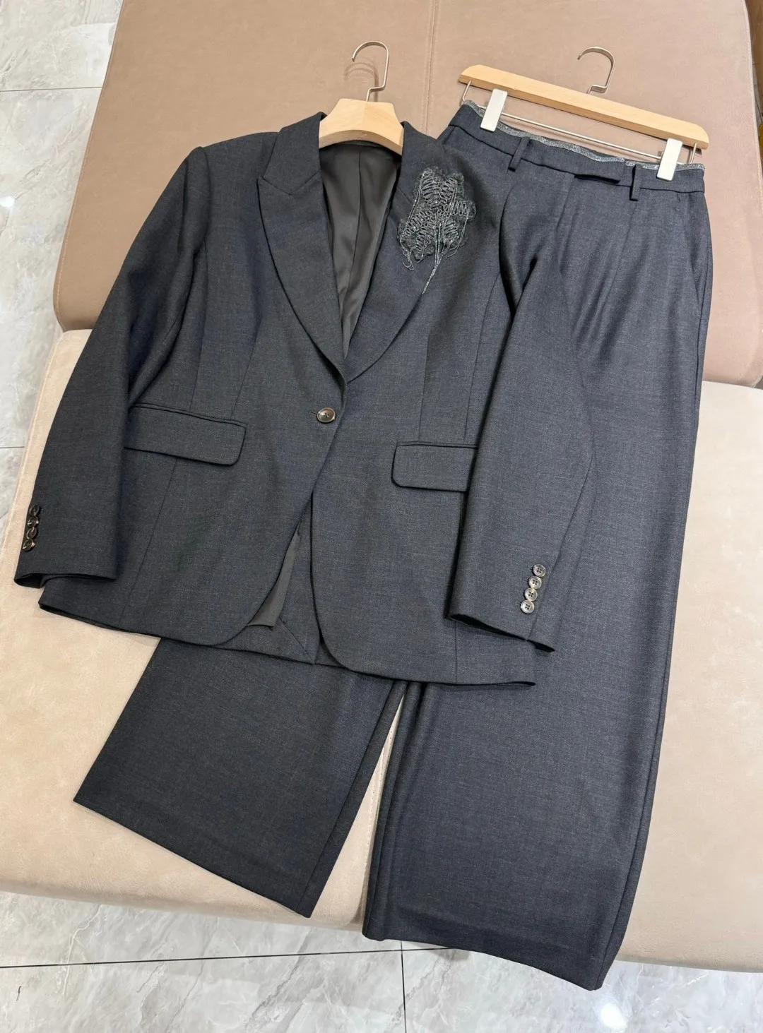 Exquisitely decorated Australian wool office casual suit