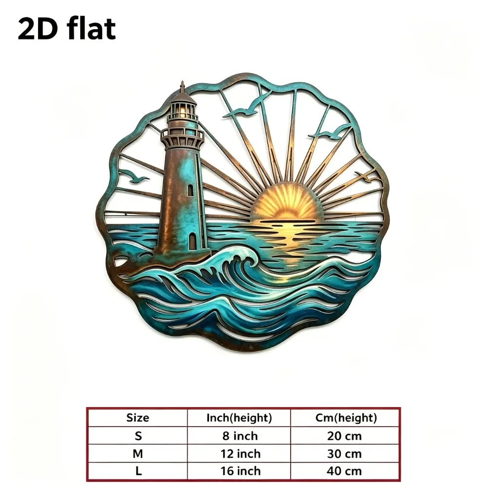 CIFBUY Iron Lighthouse Wall Decor 2D Flat Ocean Breeze Hollow Metal Art Aged Blue Copper Sea Wave Sunset for Entrance Hall Livin