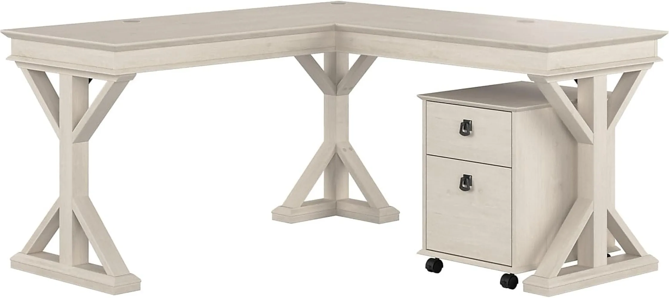 Farmhouse L Shaped Desk with Mobile File Cabinet, Linen White Oak