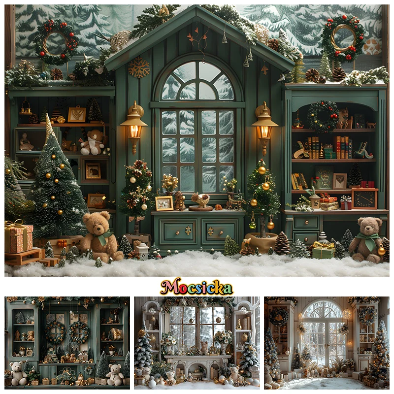 

Christmas Home Photography Backdrop Bear Window Wreath Green Christmas Tree Backgrounds For Photographs Indoor Kid Photos Studio