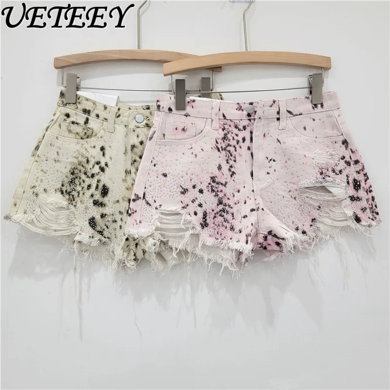 

Heavy Industry Rhinestone Printing Sexy Ripped Tassel Frayed High Waist Shorts Women Slim Denim Wide Leg Shorts Female Hot Pants