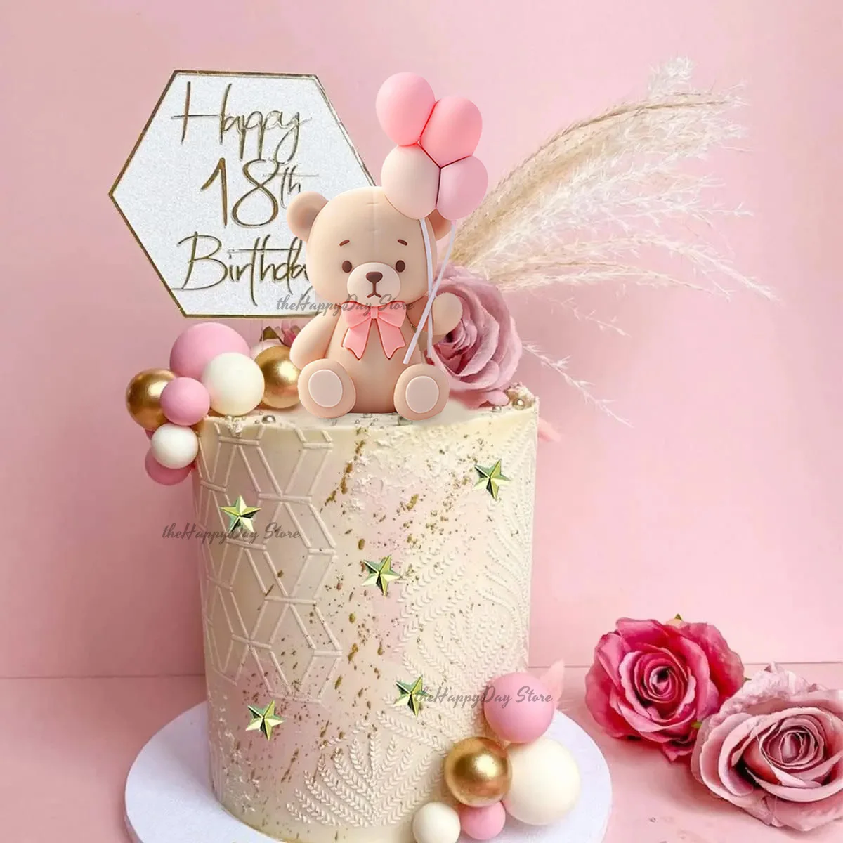 1 Set Rosa Bären-Kuchendekoration 3D Bär Rosa Creme Goldene Kugeln Kuchenaufsätze Bär Boho Geburtstag Babyparty Hochzeit Kuchendeko – Detail 39