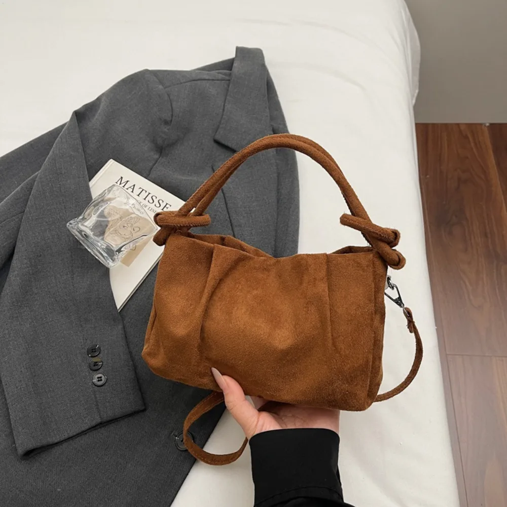Casual Suede Leather Crossbody Bag Wrinkle Texture Magnetic Closure Fashion Handbag Soft Handle Shoulder Bag Women