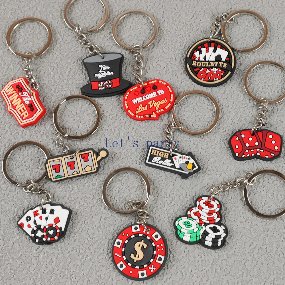 10Pcs Las Vegas Casino Poker Card Theme PVC Breloki do kluczy Plecak Zawieszka zabawka dla chłopca Urodziny Ślub Gra Noc Impreza Dekoracja