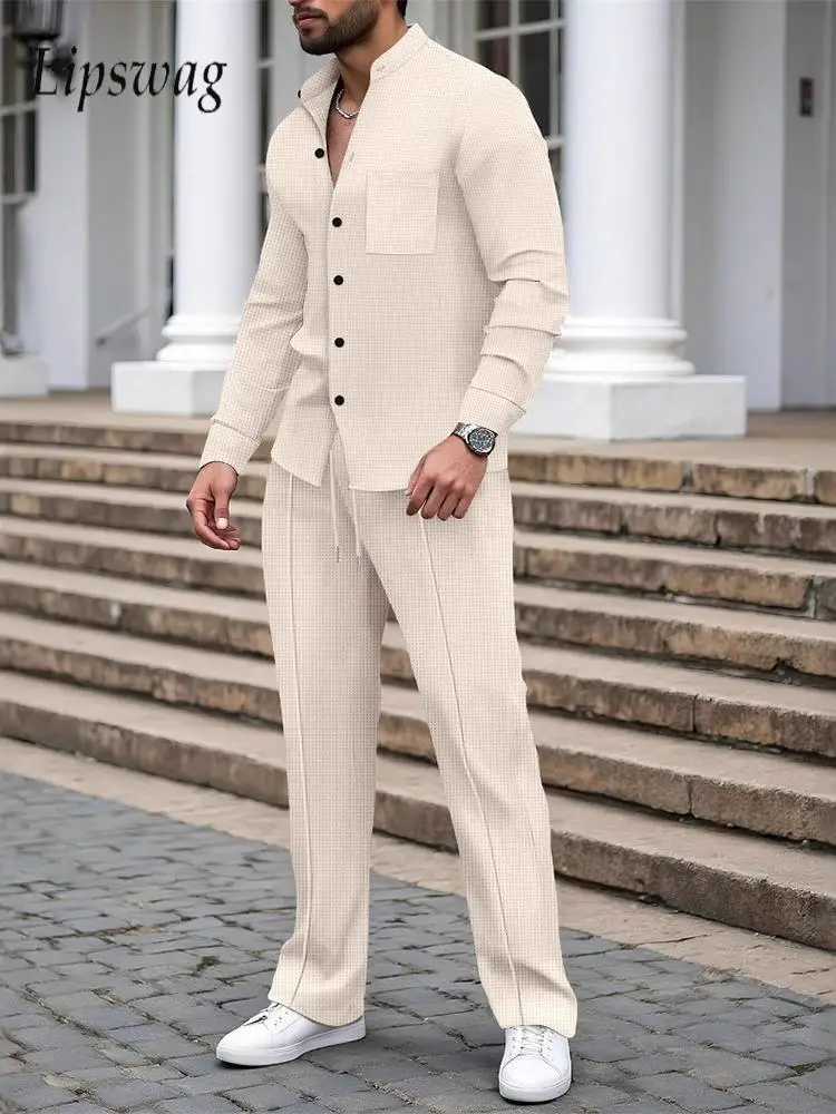 

Vintage Waffle Shirt And Pants Outfits Mens 2025 Autumn Trendy Solid Color Two Pieces Sets Men Clothing Casual Long Sleeve Suits