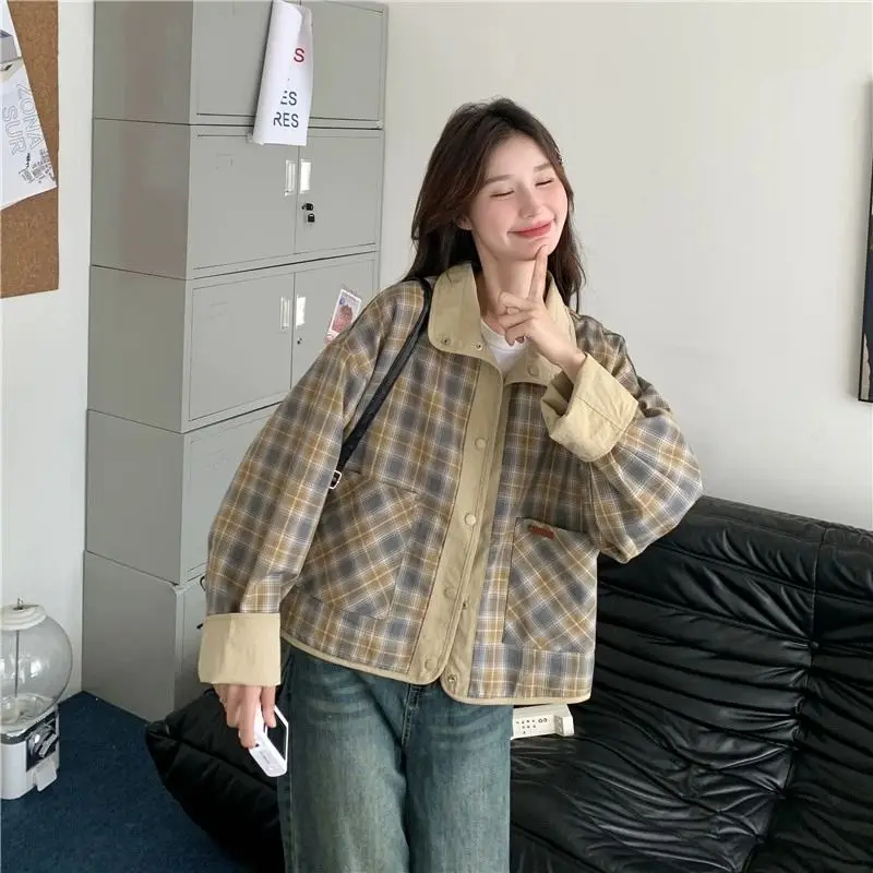 

Trend Spring Autumn Jacket Womens Single-breasted Long-sleeved Top Plaid Reversible Wear Short Coat Design Clothing High-quality
