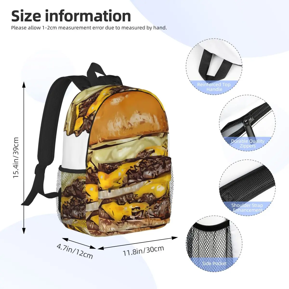 Double Decker Burger Backpack Daypack Large Capacity Boys Girls BookBag Shoulder Bags for Men Women Children School Bag