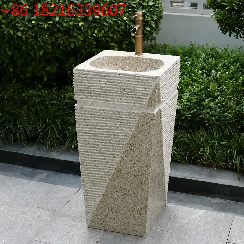 YAO Outdoor Stone Wash Basin Natural Marble Integrated Column Sink for Courtyard Pool Garden Bathroom Vanity Pedestal Washbasin