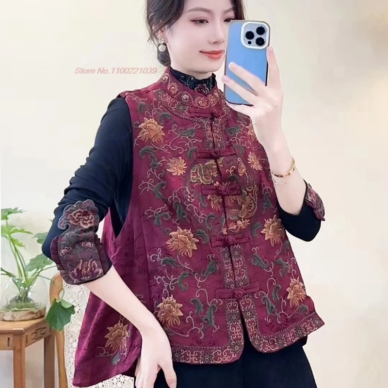 2025 chaleco popular con bordado de flores nacionales, chaleco jacquard satinado con cuello levantado oriental, chaqueta tradicional sin mangas, tops hanfu