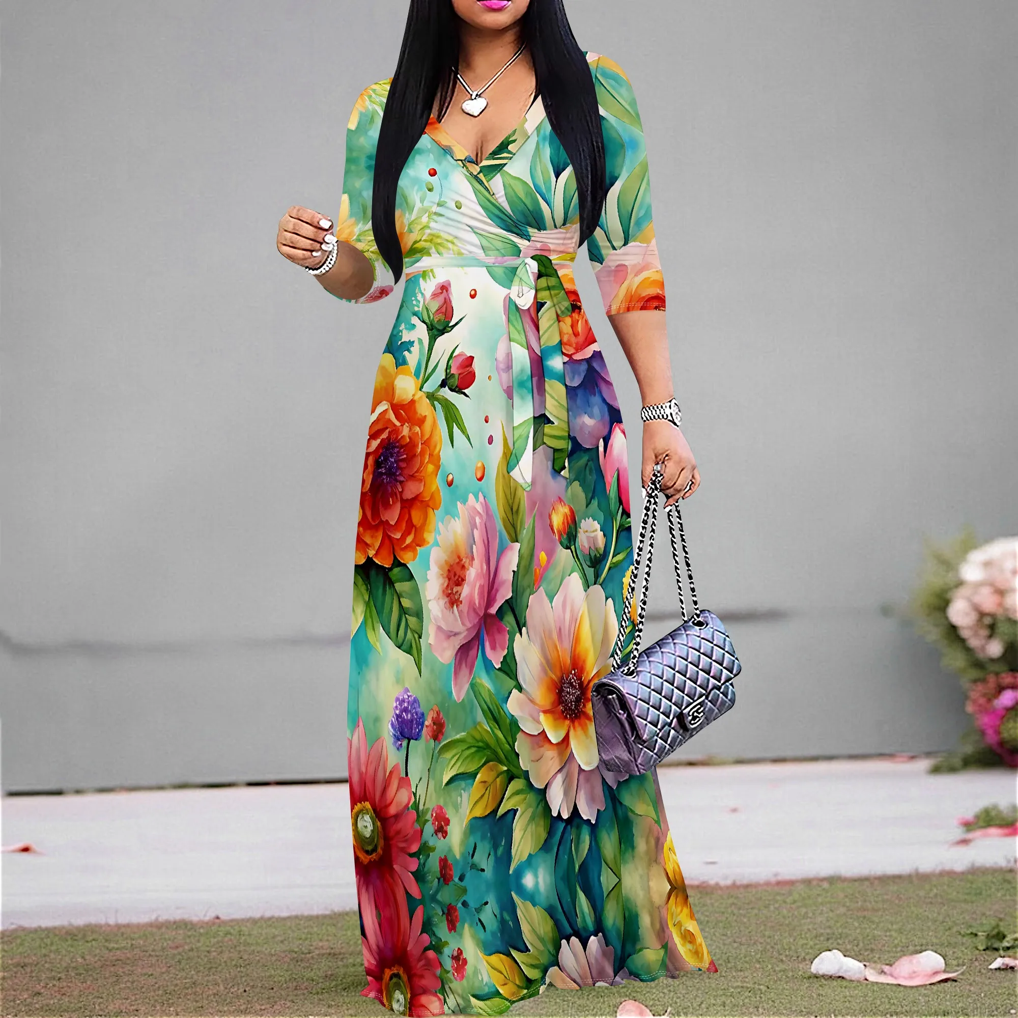 

2025 Women's V-Neck Wrap Maxi Dress Half Sleeve Floral Print Belted Casual Dress Elegant Boho Style Party Dress XS-3XL