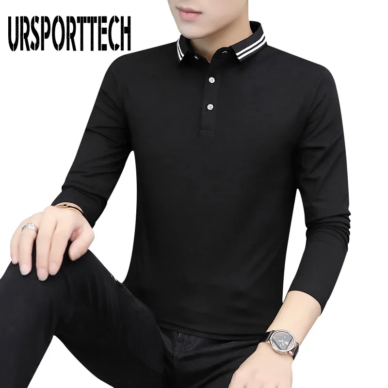 URSPORTTECH Brands Men Polo Shirt Long Sleeve Solid Color Slim Fit Boys Korean Style High Quality Poloshirt Casual Men Clothing