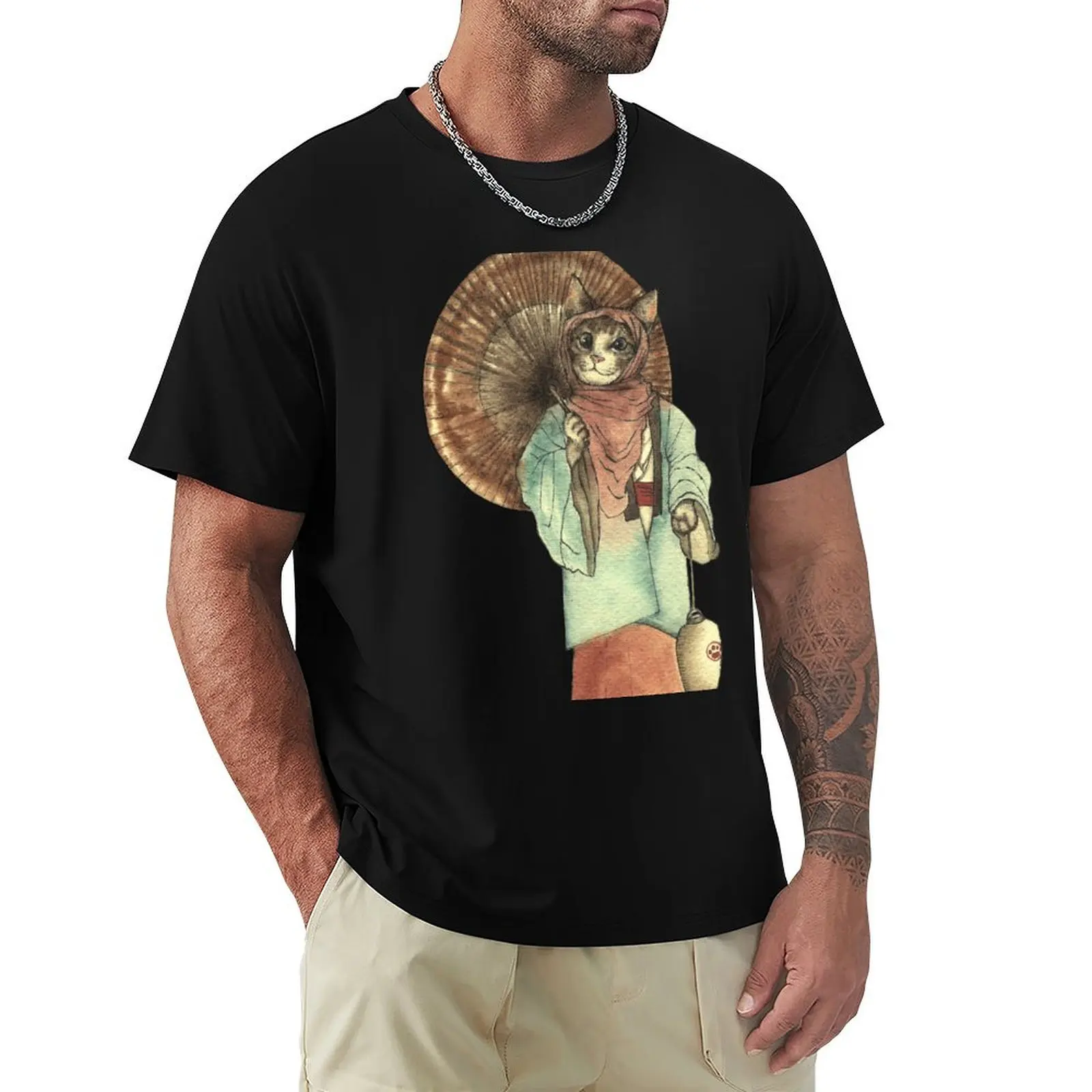 Umbrella Halfing Cat with Her Lantern T-Shirt t shirts for man pack white T-Shirt
