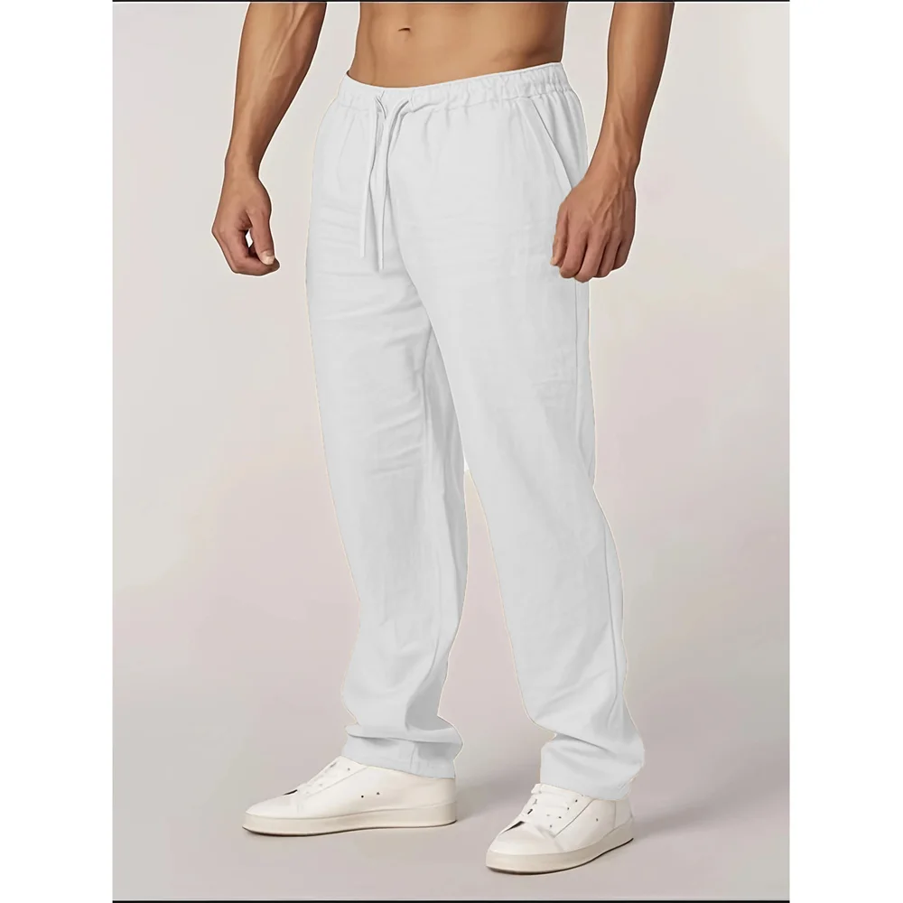 خريف جديد الرجال القطن الكتان السراويل مستقيم الساق خفيفة الوزن تنفس عادية الأساسية نمط مرونة الخصر السراويل الطويلة #3