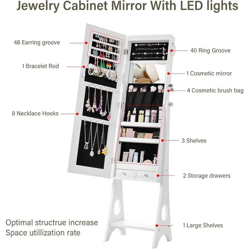 6 Led Jewelry Cabinet Mirror Standing, Jewelry Organizer Touch LED Control & 4 Adjustable Angle,Full Length Mirror Jewelry