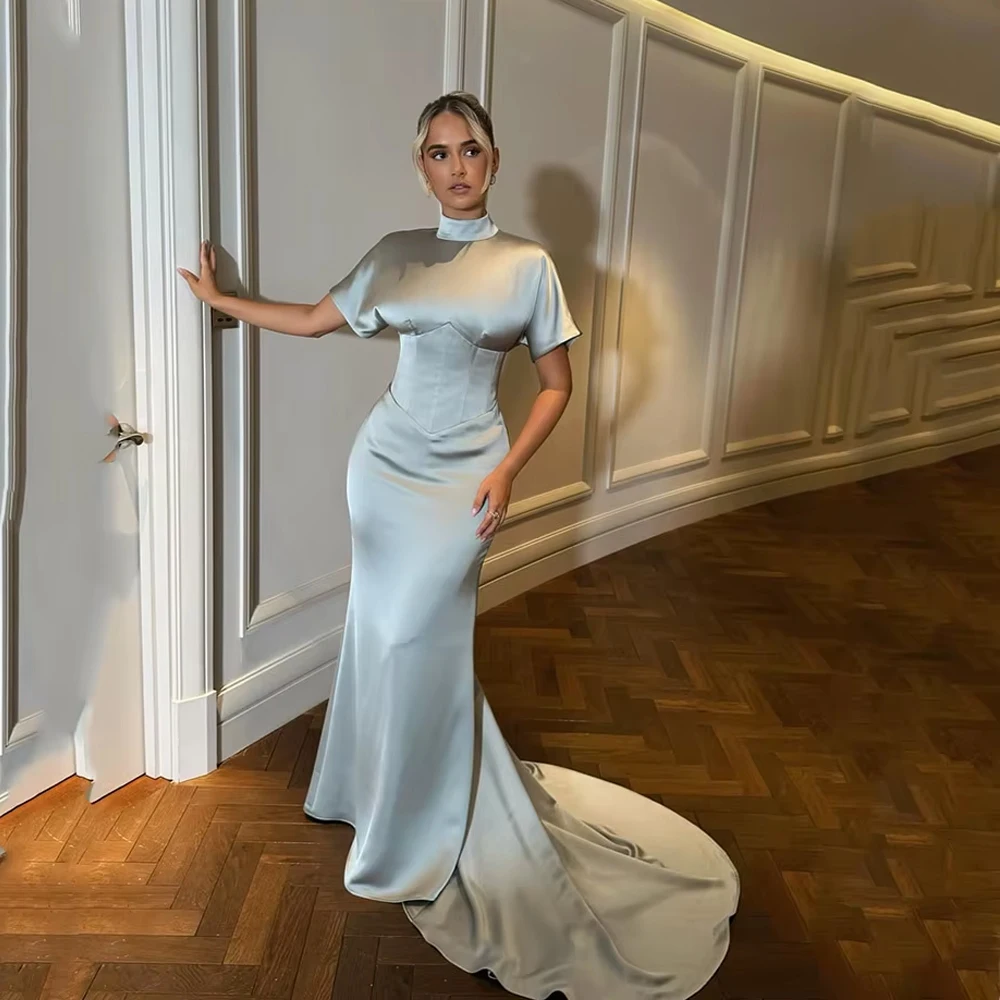 

Синее блестящее атласное вечернее платье по индивидуальному заказу с высоким воротом и короткими рукавами, платья русалки для торжественных случаев, женское арабское свадебное платье