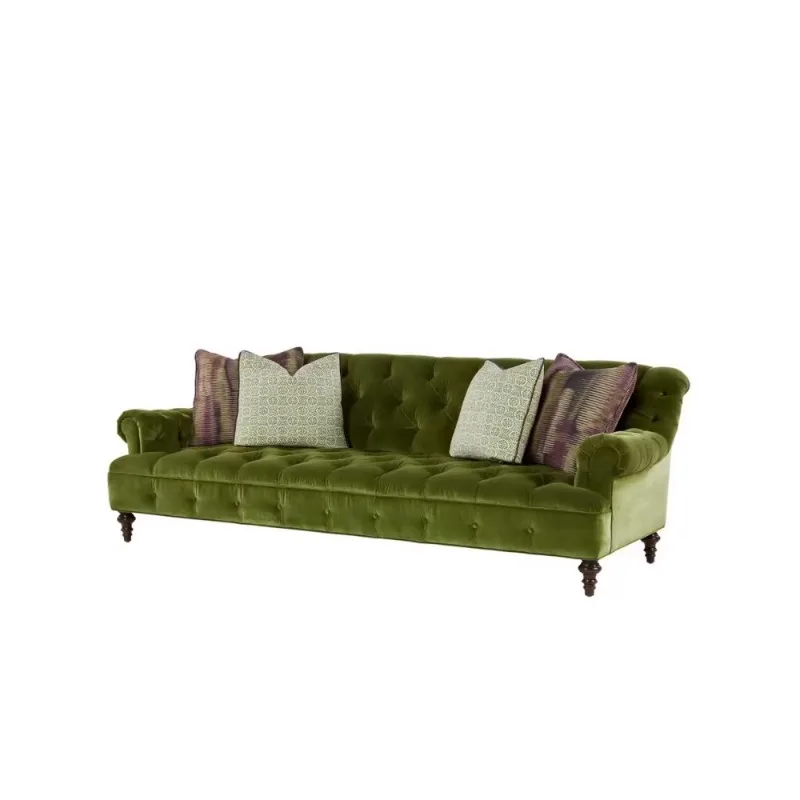 French retro olive green solid wood sofa American small apartment living room velvet buckle high back double triple sofa