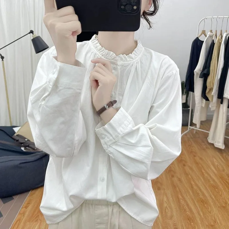 2026 Spring Lotus Leaf Collar Long-sleeved Shirt Women's Fashion Age-reducing Top Spring and Summer New Loose Backing Women