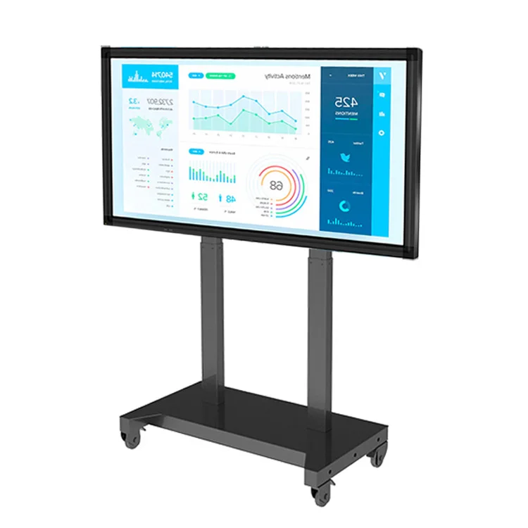 Modern Motorized TV Mount Metal Height Adjustable TV Cart with Wheels Movable Remote Control TV Stands for Meeting Room