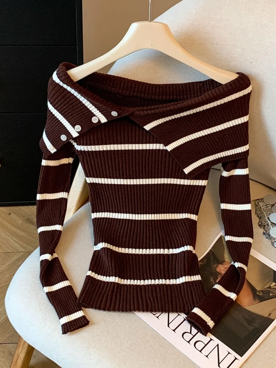 

Slim Fit Striped Knit Top Women's Autumn Winter New Sle oulder Exposure One-oulder Unique Exquisite Faionable Blouse