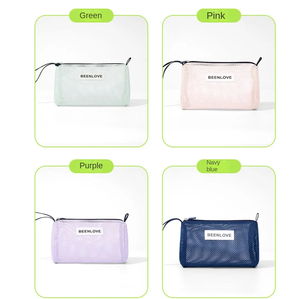 Bolsa de malla de playa de gran capacidad, bolsa de almacenamiento de artículos de tocador ligera y transpirable, bolsa de maquillaje de malla de mano que ahorra espacio para playa