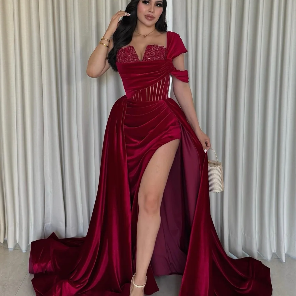 Amanda personalizado vermelho um ombro lantejoulas sem alças robes de soirée fenda lateral vestidos de festa de veludo até o chão vestido de baile 2024