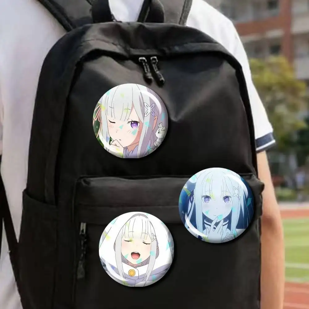 Half-Elf Emilia and REM Aniem RE 25 32 44 58 75mm Badges Personalized Round Brooches Pins Accessory