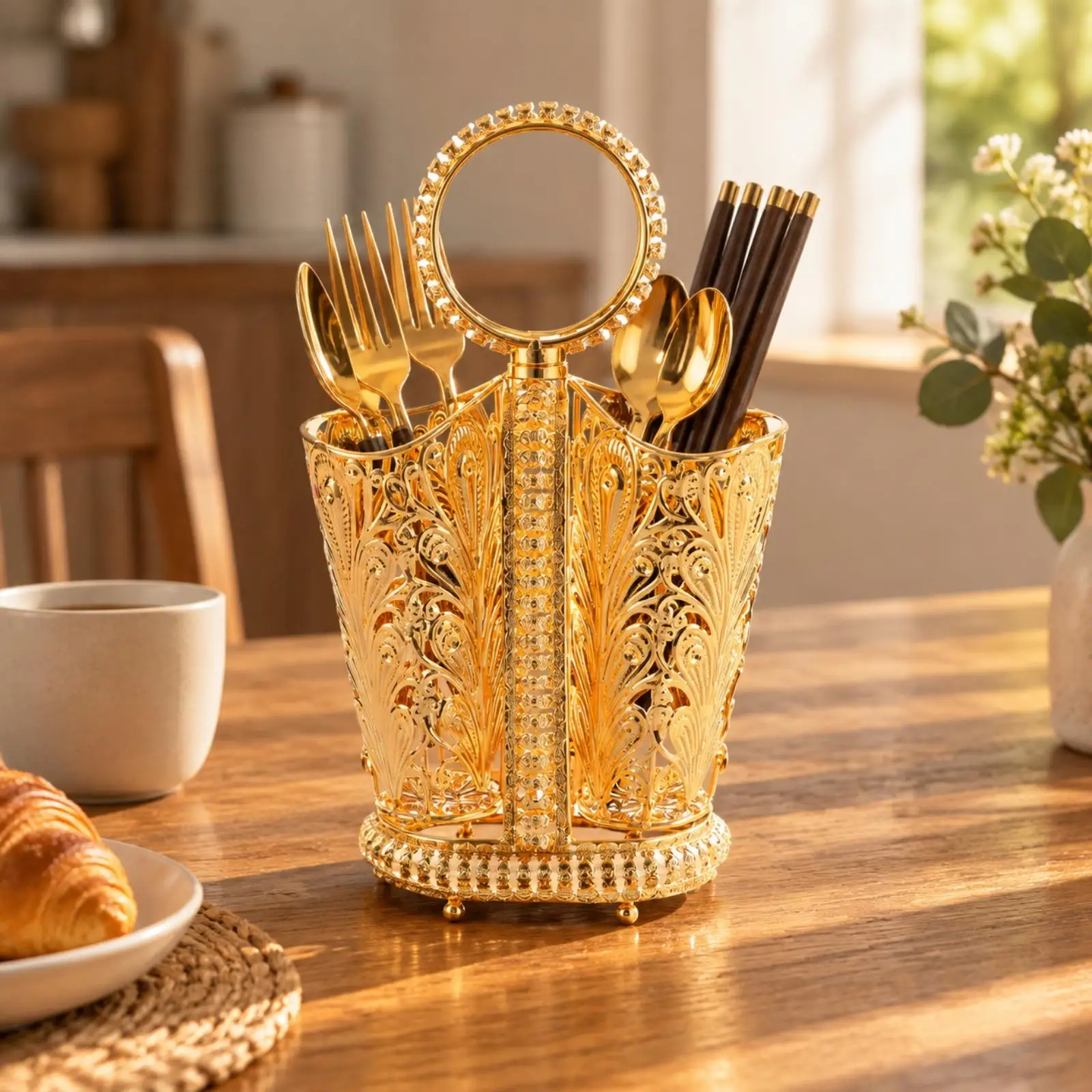 Decorative Cutlery Storage Rack for Kitchen Counter Gold Iron Fork Spoon Knife Holder with Botanical Openwork