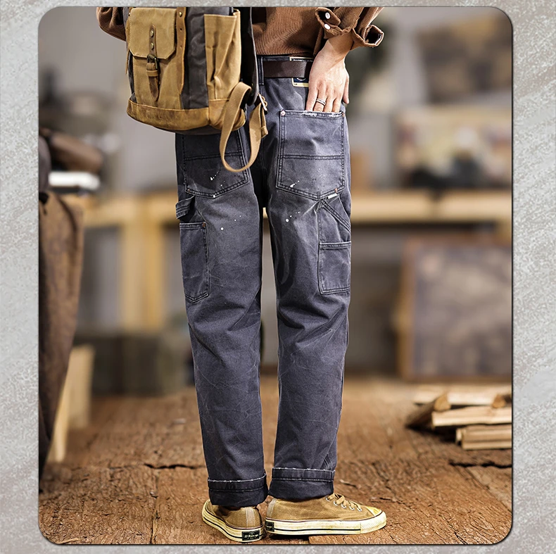 American Streetwear Vintage Work Pants Męskie spodnie z nadrukiem w trudnej sytuacji, sprane i rozpryskane, codzienne spodnie ciężkie spodnie z prostymi nogawkami