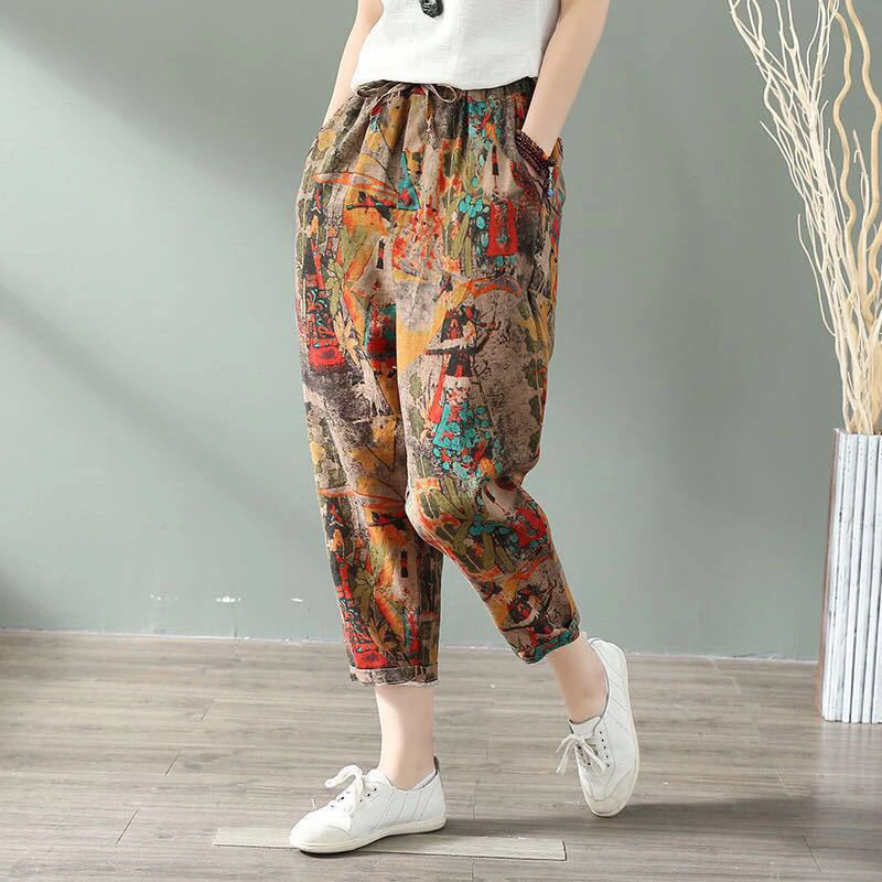 Women\'s Harem Pants Summer Cotton Linen Printed Ankle Length Pant Female Mom Loose Casual Geometry Printing Wide-leg Pants Women