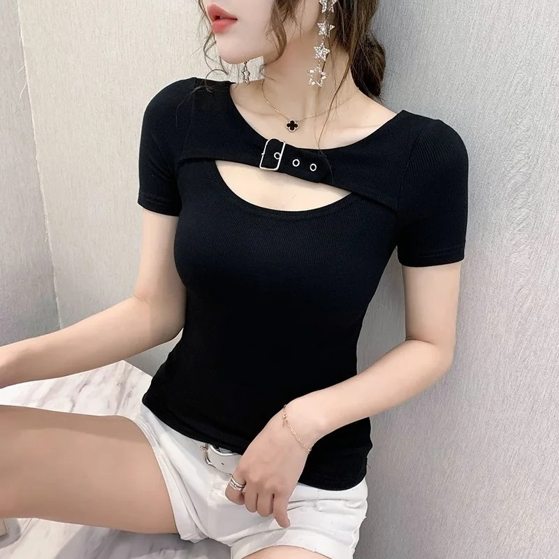 #5157 Black White Striped T Shirt Women Hollow Out Sexy Skinny T Shirt Femme Slim Korean Style Cotton Women's Tee Shirt Summer