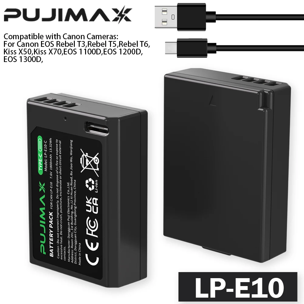 PUJIMAX New LP-E10 LPE10 LP E10 Battery With USB-C Charging Port for Canon EOS 1100D 1200D 4000D Kiss X50 X70 Rebel T3 T5 T6