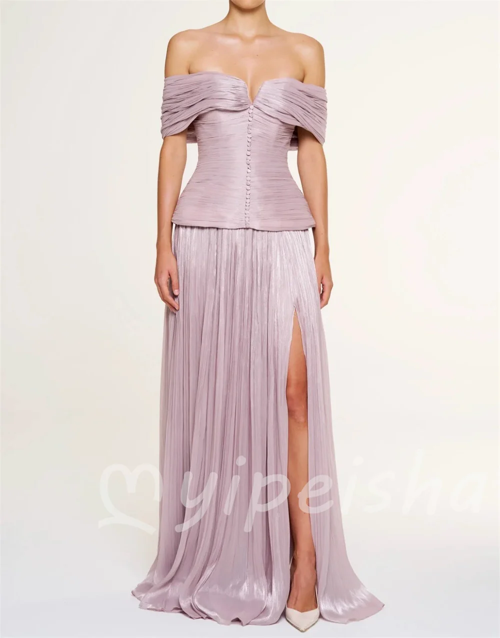 Pink Fashion Classic Charmeuse Pleat Button A-line Off-the-shoulder Floor-Length Evening Dresses For Birthday Party Customized