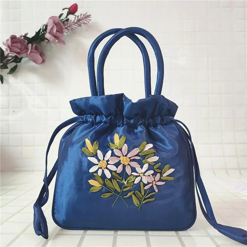 Drawstring Handbag Vintage Flower Pattern Ethnic Faux Silk Purpose Bag Large Capacity Handle Women Bucket Bag Makeup Pouch