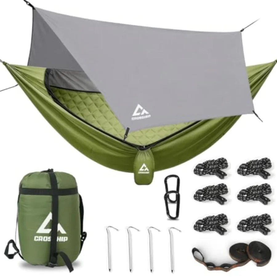 

Camping Mosquito Net Rain Fly Tarp Lightweight soft warm 4-season quilt in olive green, ultra-compact portable hammock set for