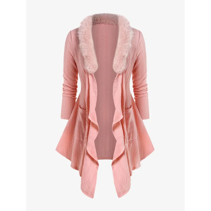 ROSEGAL Fashion Faux-fur Collar Textured Knit Ruffle Cardigan Women Light Pink V Neck Tie Front Pockets Longline Cardigans Coats