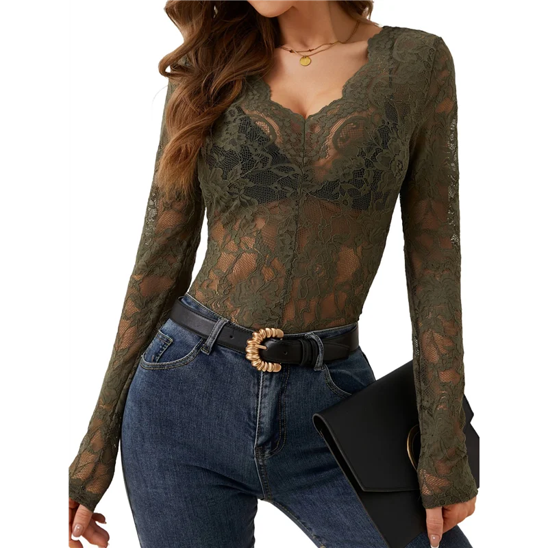 

AG-Lace Mesh Top For Women Long Sleeve V-Neck Sheer Blouse See Through Floral Lace Tops