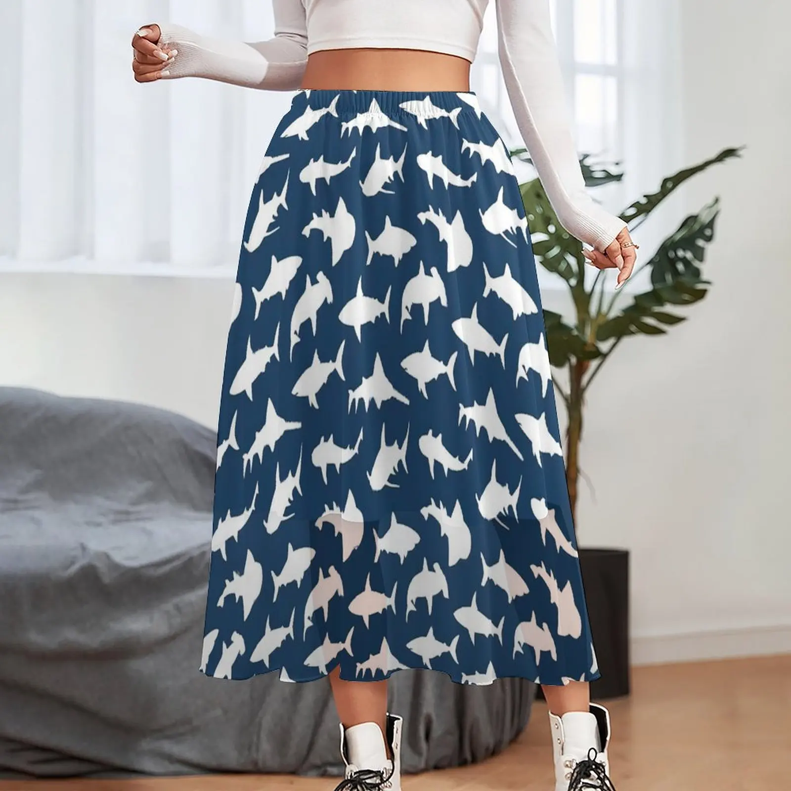 Sharks on Navy Blue Skirt Animal Print Modern Boho Skirts Summer Fashion Elastic Waist Chiffon Custom Oversized Casual Skirt