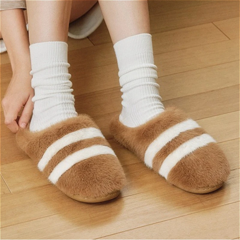 Men Women Cow Print Striped Fluffy House Slippers Winter Warm Plush EVA Non Slip Sole Indoor Outdoor Couple Bedroom Soft Shoes