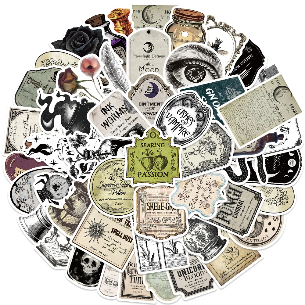10/30/50pcs Cartoon Vintage Potion Bottle Label Sticker Gothic Witch Skull Decals Skateboard Notebook Phone Graffiti Sticker Toy