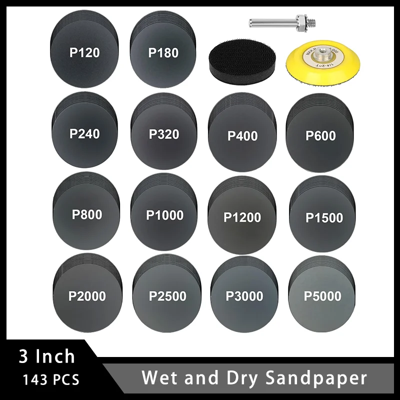 

3 Inch Wet Dry Sanding Disc with 1/4" Shank Sanding Pads and Foam Buffering Pad 143 Pcs for Wood Metal Car Polishing & Finishing