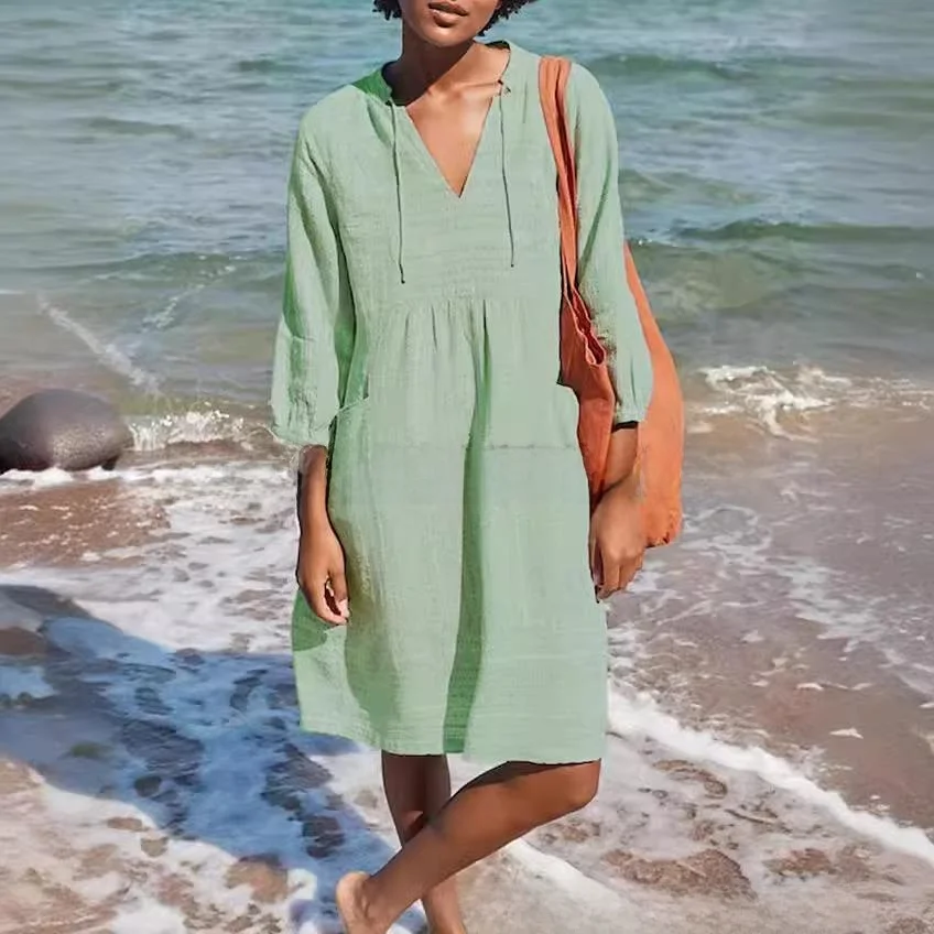 Spring 2023 Floral Embroidery Cotton Lin Dr V-Ne Casual Loose ket Women's Faion A-Line Skirt Busin Casual Dr