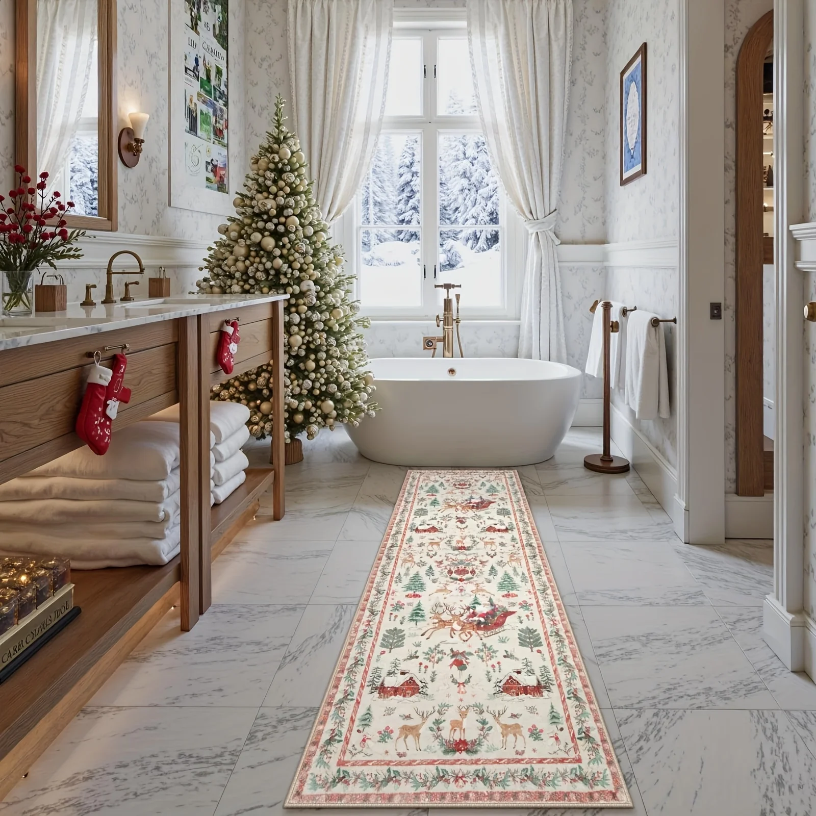 VIKAMA Christmas Bohemian-Style Runner Rug for Bedroom and Living Room, Non-Slip and Stain-Resistant Doormat, Home Decor