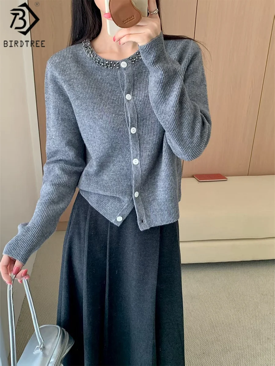 

Birdtree, однотонный вязаный кардиган из 100% овечьей шерсти, женское пальто с круглым вырезом из мягкого бриллианта, осень-зима 2025, свитер с длинными рукавами T59622JF