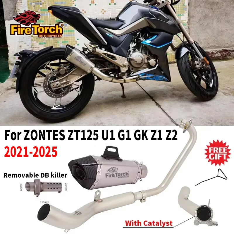 Ponteira de Escape Completa para Motocicletas ZONTES ZT125 U1 G1 GK Z1 Z2 2021 - 2025 com Tubo de Ligação Frontal (Sem Sensor O2)